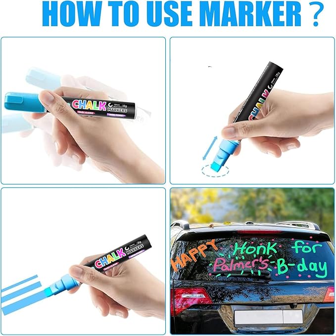 Window Chalk Markers for Cars Glass Washable, 8 Colors Jumbo Liquid Chalk Marker Pens with 10mm 3 in 1 Nib Wide Tip, Chalkboard Markers Car Window Paint Markers Pen for Auto, Mirror, Poster