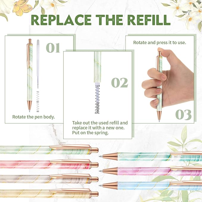 Sherr 7 Pcs Fancy Pens for Women Cute Sparkly Glitter Pens with 10 Pcs Black Ink Refills Pretty Gifts for Girls Office School Christmas Graduation(Colorful,Marble)