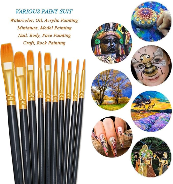 BOSOBO Paint Brushes Set, 6 Pack 60 Pcs Round Pointed Tip Paintbrushes Nylon Hair Artist Acrylic Paint Brushes for Acrylic Oil Watercolor, Face Nail Art, Miniature Detailing & Rock Painting, Black