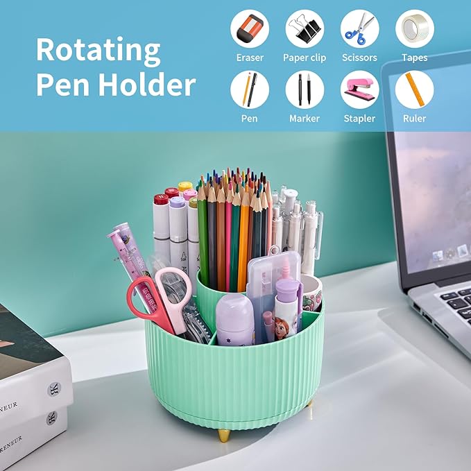 Marbrasse Desk Organizer, 360-Degree Rotating Pen Holder for Desk, Desk Organizers and Accessories with 5 Compartments Pencil Organizer, Art Supply Storage Box Caddy for Office, Home (Mint Green)