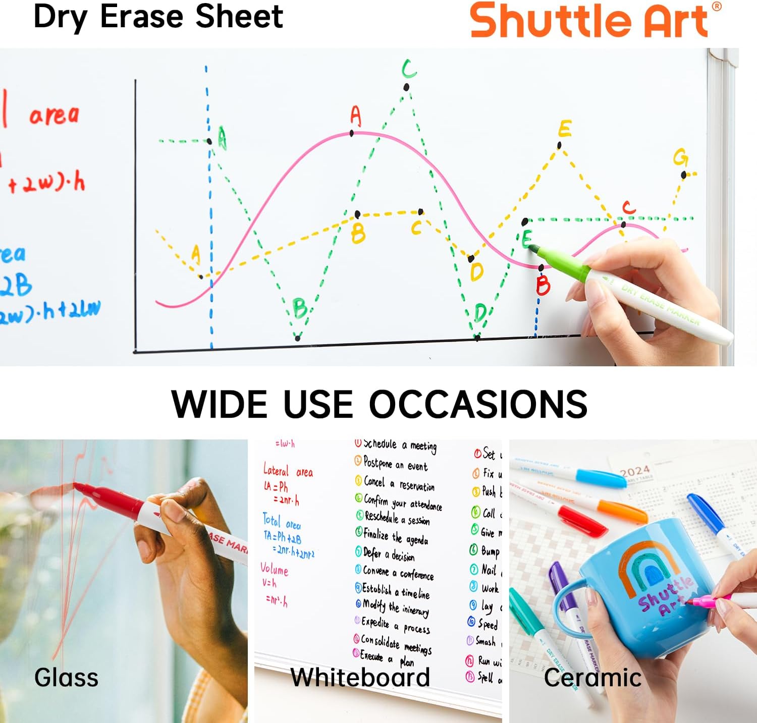 Shuttle Art Dry Erase Markers, 12 Colors 144 Bulk Pack Whiteboard Markers, Fine Point Dry Erase Markers Perfect for Writing on Dry Erase Whiteboard Mirror Glass for School Office Home