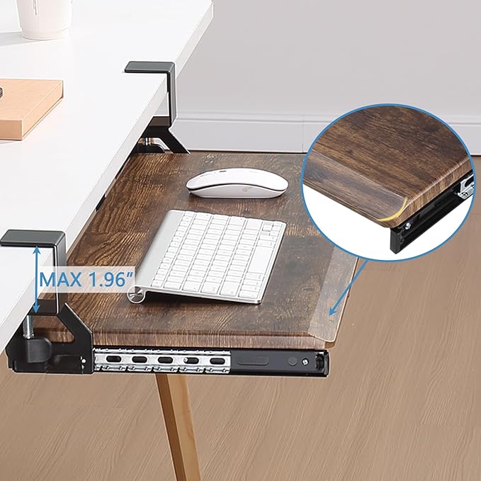ETHU Keyboard Tray Under Desk, Pull Out Keyboard & Mouse Tray with C-clamp, Ergonomic Desk Keyboard Tray Slide Out, Pull Out Platform Drawer for Home and Office(Wood)