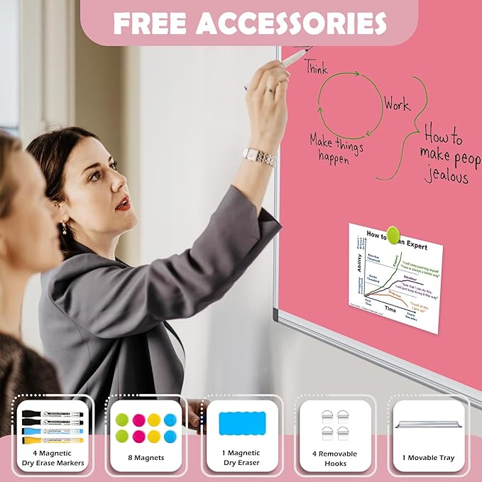 WALGLASS Magnetic Whiteboard 24"x18" Dry Erase White Board for Walls with Pen Tray, Aluminium Frame and Dry-Wipe Writing Surface for Kids' Drawing, Home, and Office (Pink)