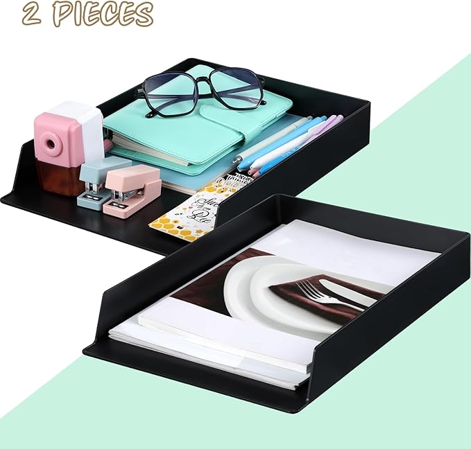 Wenqik 2 Pcs Stackable Paper Trays Rectangular Plastic Desk Tray Holder Desktop Document File Paper Organizer Plastic Storage Letter Tray for Office Classroom, Black