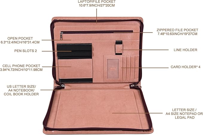 Calfinder Leather Padfolio for Women, Professional Vegan Leather Resume Zippered Portfolio Folder, Business Portfolio Organizer with A4/US Letter Writing Pad Holder, Gift for Women/Girls, Pink