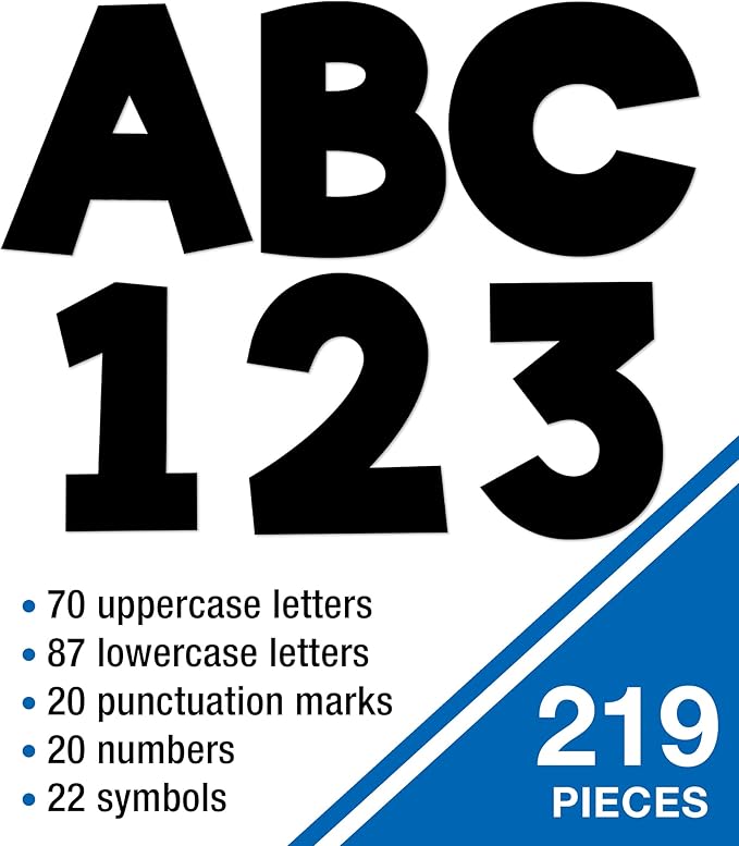 Carson Dellosa 219 Piece 4 Inch Black Cutout Letters for Bulletin Boards, Numbers, Punctuation, Symbols and More, Black Bulletin Board Letters, Black Letter Cut Outs