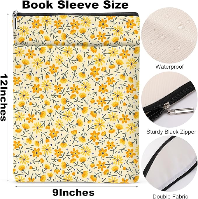 Yellow Wildflowers Pattern Book Lovers Gifts Waterproof Book Sleeve Book Pouch Book Protector with Zipper and Front Pocket BookCover Case for Women Best Friend Sister Book Accessories Book Club Gifts