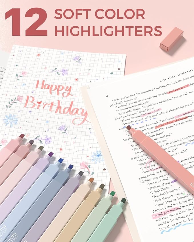 Four Candies 56 PCS Aesthetic School Supplies with Large Pencil Case, 6 Colored Ballpoint Pens, 12 Pastel Highlighters, 5 Black Ink Gel Pens, 9 Mechanical Pencils 0.5-2.0mm Student Essentials (Pink)