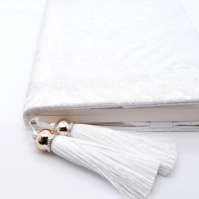 BLBMH Chinese Book Covers with Tassel Bookmark Book Cover Adjustable Book Sleeve Cover for A5 Books Embroidered Brocade Softcover Protector for Notebook Planner Bible - White