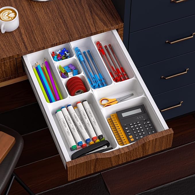 Home Edit 13-Piece Plastic Drawer Organizer Set with Non-Slip Silicone Pads, White - 5-Size Utility Tray and Storage Containers for Bathroom, Desk or Vanity Makeup Drawer