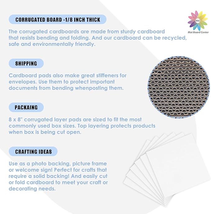 Mat Board Center, 25 Pack 8x8 Corrugated Cardboard sheet, 1/8 inch thick, Flat Cardboard Inserts for Mailing, Packaging & Shipping, Cardboard Backing, Craft Card Board (White on one side)