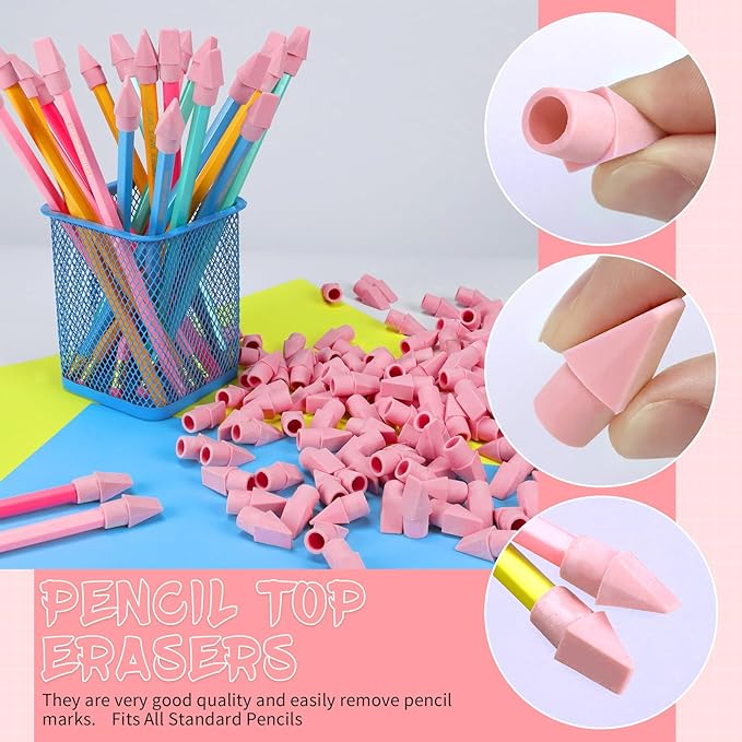 400PCS Pencil Top Eraser Bulk Caps for Pencils,Chisel Shape Erasers Toppers Assorted Colors for Party Favors Games Prizes, Pencil Top Erasers Cap for Home School Classroom Office, Pink