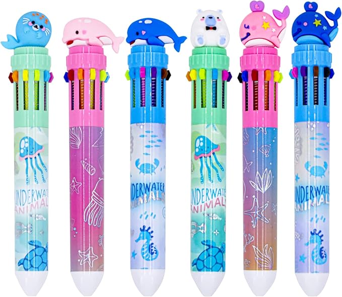 Multicolor Ballpoint Pen 0.7 mm, 10-in-1 Colored Pens Fine Point Retractable Cute Cartoon Ocean Animal Ballpoint Pens for Office School Students Kids Christmas Gift, 6 Pack