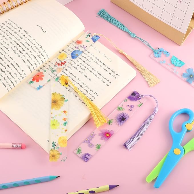 20 Pieces Flower Resin Bookmark Transparent Floral Bookmarks for Women Cute Bookmarks Flower Page Marker with Tassels Graduation Gifts for Women