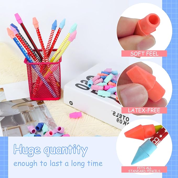 PRALB 400PCS Chisel Shape Pencil Eraser Caps Pencil Erasers Assorted Colors for Party Favors Games Prizes Pencil Top Erasers Home School Office, Color 2