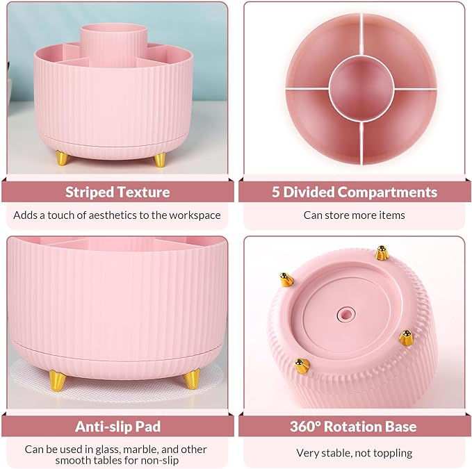SKYDUE 360 Degree Rotating Desk Organizer, Dual-Purpose Pencil Pen Holder for Desk, Cute Rotating Desk Pen Organizer with 5 Slots, Pencil Cup for Office, School, Home Pink