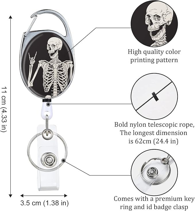 Bone Retractable Badge Reels - Double Sided Color Print Pattern Holders with Keychain, Clip and Key Ring - Durable Nylon Rope