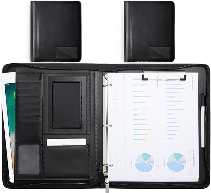 Portfolio Binder - 3 Ring Padfolio with Zipper, PU Business Portfolio Card Holder Tablet Sleeve A4 Writing Pad Clipboard, Meeting Document Organizer for Men Women 2 Pcs (No Calculator)