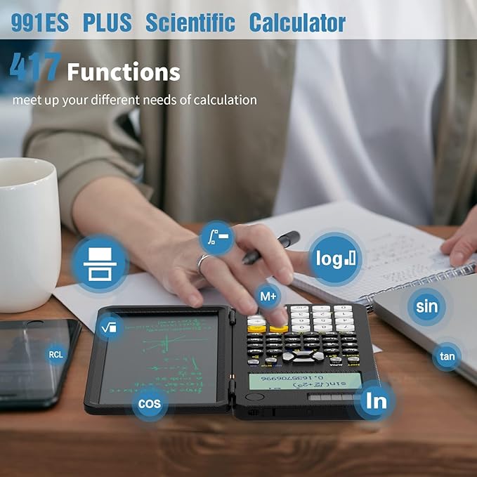 Upgraded 991ES Plus Desktop Scientific Calculator, ROATEE CalcNote Multiview 4-Line Display with Erasable LCD Writing Tablet, Solar Battery Power with Notepad for School and Business