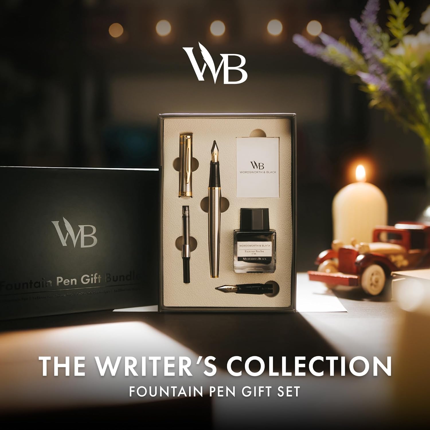 Wordsworth & Black Fountain Pen Set,18K Gilded Medium and Extra Fine Nib,25ML Black Ink Bottle,6 Ink Cartridges,Refill Converter,Gift Box,Smooth Writing Pens [Silver Gold],Gift Set for Men and Women