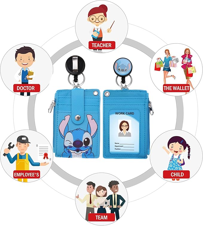 Cute ID Badge Holder Retractable Lanyard Reel Clip with Heavy Duty Carabiner, 5 Card Slots in 2 Sided with Key Ring and Zipper for Women Students Teens Girls Office Staff