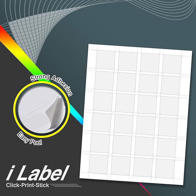 24UP 1.5" x 1.5" Square Labels for Laser & Inkjet Printers[50 Sheets,1200 Labels]