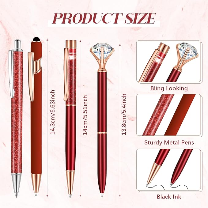 Sabary 8 Pcs Ballpoint Pens with Pen Holder for Desk Glitter Crystal Diamond Fancy Pencil Holder Bling Desk Organizer Cute Stationery Supplies for Women Girls Wedding Office School Gifts(Red)