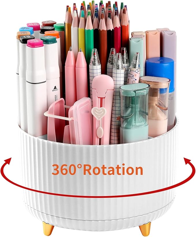 Desk Pen Holder, 5-Slot 360 Rotating Pencil & Pen Organizer - Desktop Storage Stationery Supplies Organizer, Cute Pencil Cup Pot for Office, School, Home, Art Supply, White