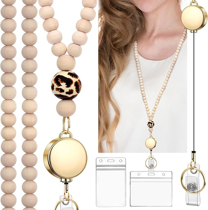 Teacher Lanyard with Id Holder, Cute Lanyards for Id Badges Keys, Retractable Natural Wooden Beaded Lanyard for Women