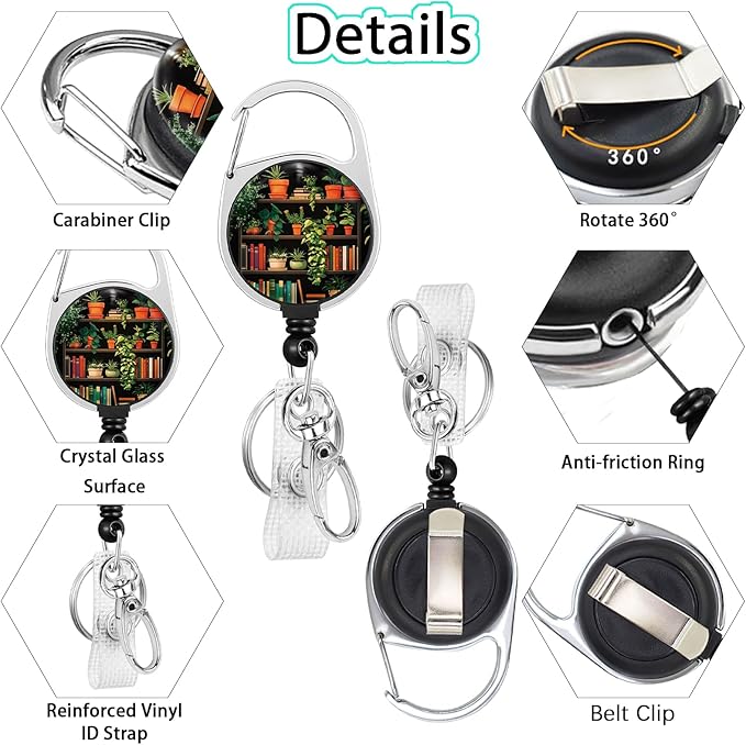 Gctriki Bookshelf Badge Reel Retractable with 360° Swivel Carabiner Clip, Librarians Work ID Badge Holder Retractable Clip, Cute Students Nurse Teacher Book Lover ID Card Holder Keychain Accessories