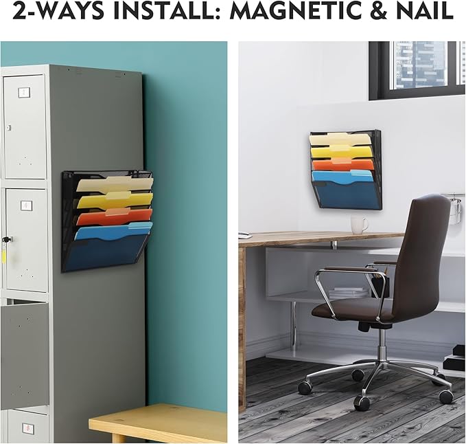 EASEPRES Magnetic 5 Pocket Mesh Hanging File Organizer, Wall Mounted Mail Paper Document Folder Holder, Clipboard Storage Organization Magazine Rack with Nametag Label for Office Home School, Black