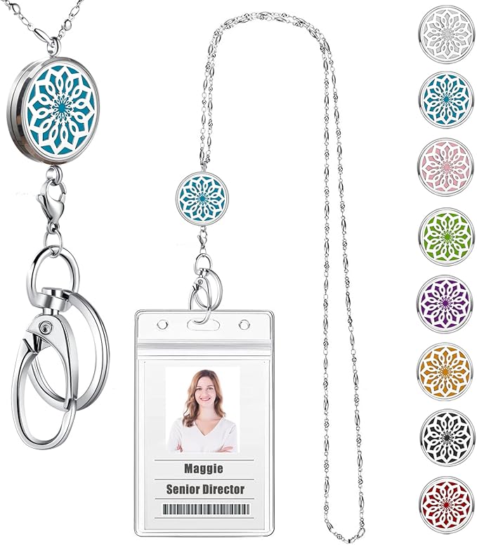 Lanyards for ID Badges Women ID Badge Holder with Lanyard Keychain Long Bling Stainless Steel Silver Chain Nurse Nursing Office Work Jewelry Diffuser Necklace Teacher Lanyard Gifts Flower
