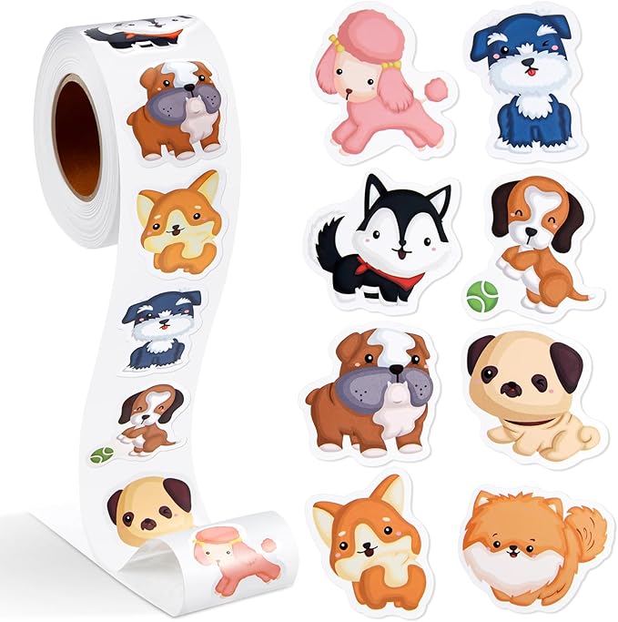 1 Roll Animal Stickers Reward Cute Space Stickers Office Supplies Incentives Sticker Animal Party Favor Decal, 500 Pcs Each Roll(Dog)