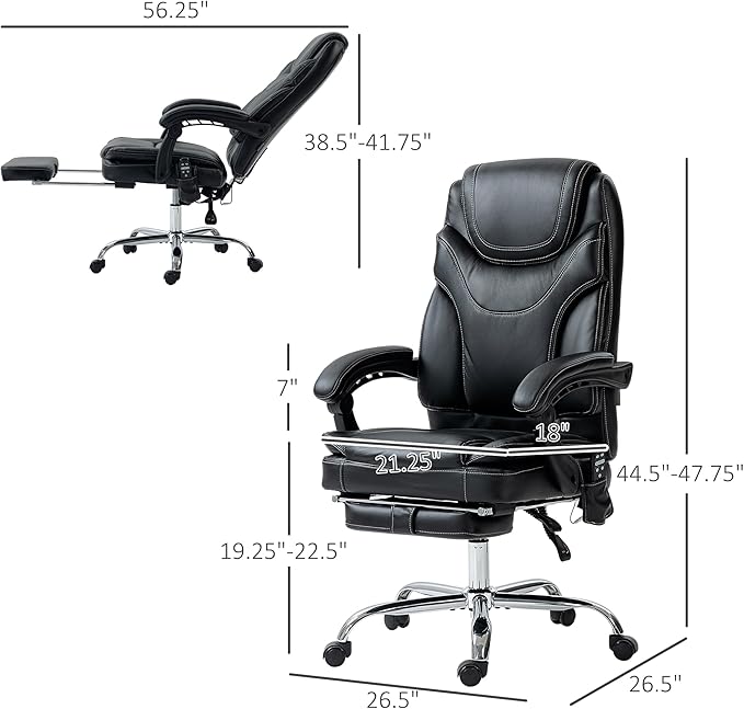 Vinsetto PU Leather Vibration Massage Office Chair with 6 Points, Heated Reclining Computer Chair with Adjustable Height, Footrest - Black