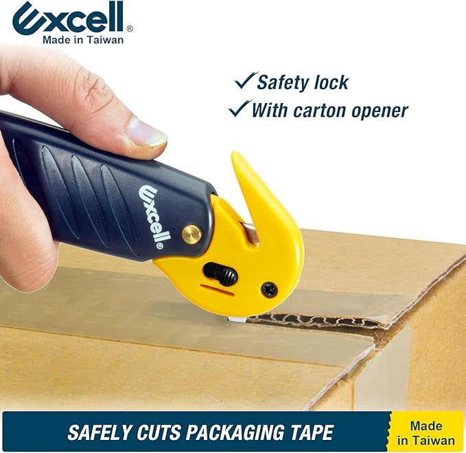 Excell Stretch Film Cutter with Carton Opener, Ergonomic Film Cutting Blade Safe and Efficient Cutting for Cryovac, Plastic Bags, Shrink Wrap, Box, Straps (W/Carton Opener)