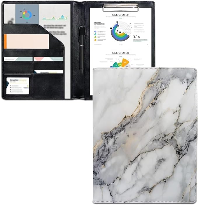 Office Folder White Marble Print PU Leather Padfolio with A4 Size Clipboard Clip for Business Resume Interview Document Sleeve Binder Folder for Men/Women