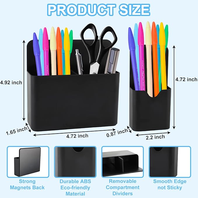 Magnetic Pen Holder,2 Pack Magnetic Dry Erase Marker Holder with Generous Compartments,Strong Magnet Storage Marker Pen Pencil Organizer for Refrigerator,Whiteboard,Locker Accessories
