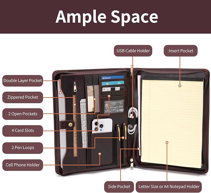 Personalized Genuine Leather Portfolio Binder, Zippered Padfolio for Men Women, Business Folio with 8.5” x 11” Notebook Holder and 13” Laptop Sleeve, Professional Folder, Dark Brown, Oil Tanned