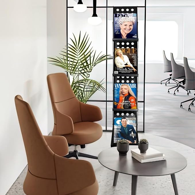 4 Pockets Folding Magazine Rack，Floor Metal Black Literature Rack with Case Brochure Stand Literature Stand Catalog Holder Stand Flyer Display Stand for Trade Show Exhibition Office Retail
