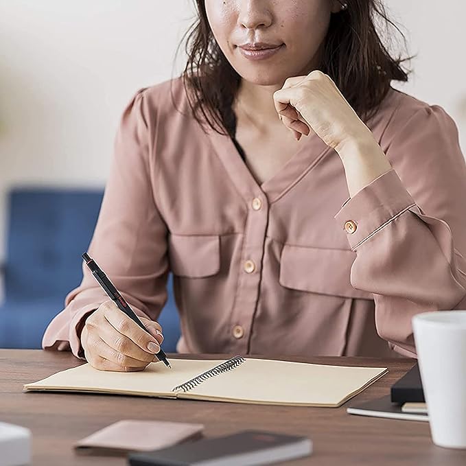 rOtring 600 Retractable Metal Ballpoint Pen, Medium Point, Black Ink, Black Barrel, Great Gift for Coworker