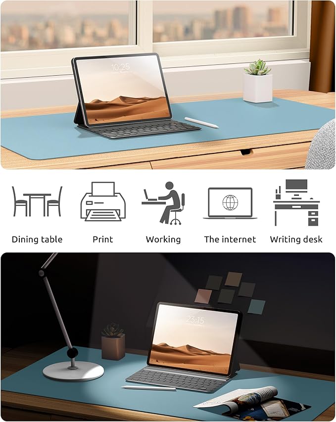 YSAGi Leather Desk Protector, Office Mat, Large Mouse Mat, Non-Slip PU Leather Blotter, Laptop Desk Pad, Waterproof Writing Pad for Office and Home (Ice Blue, 31.5" x 15.8")