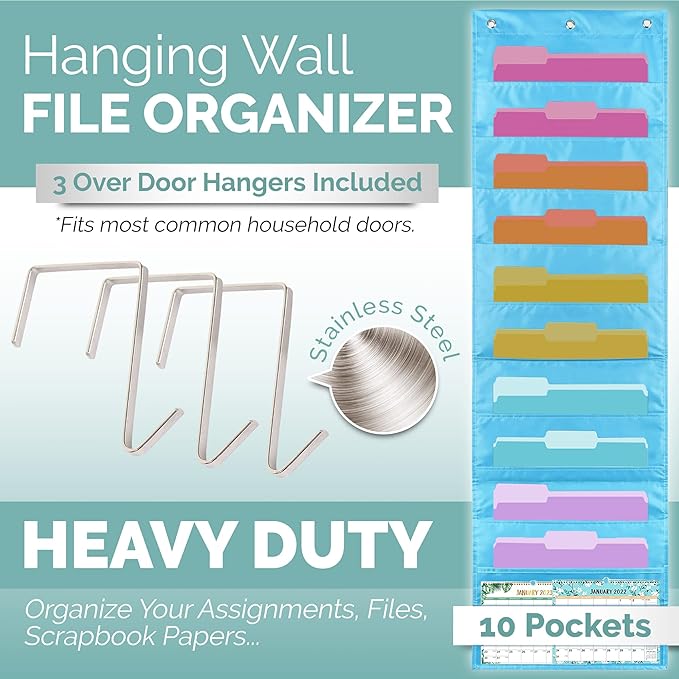 Hippo Creation Storage Pocket Chart for Classroom, 10 Pocket Storage Organizer with 3 Over-Door Hangers, Hanging Wall Organizer for File Folders, School Mailbox, Home Office Papers - Clear Blue