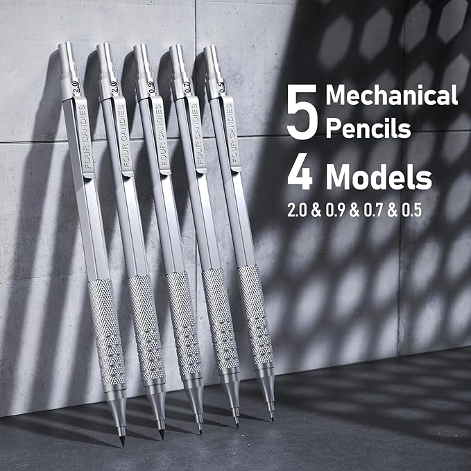 Four Candies Metal Mechanical Pencil Set, 3PCS Art Drafting Pencils 0.5, 0.7, 0.9MM & 2PCS 2MM Mechanical Drawing Pencils with 420PCS Leads (4B 2B HB 2H Color) for Writing Sketching Drawing (Silver)