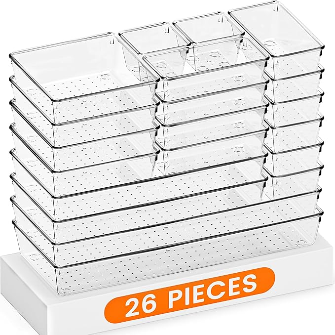 Criusia Drawer Organizer, 26 Pack Clear Plastic Drawer Organizer Bins, Versatile Organization and Storage Trays for Kitchen, Bathroom, Vanity Makeup and Office