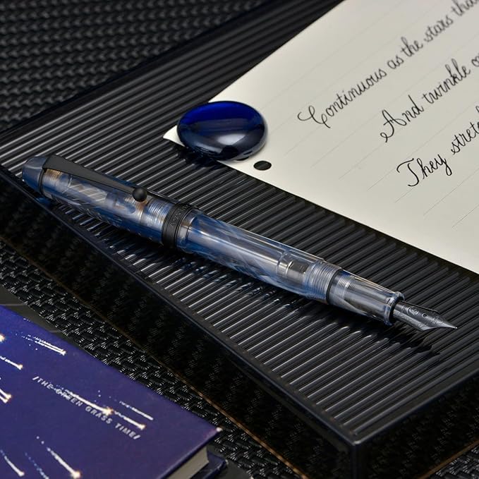 Asvine V126 Vacuum Filling Fountain Pen Blue Swirl Acrylic, Medium Nib Large-Capacity with Gift Case
