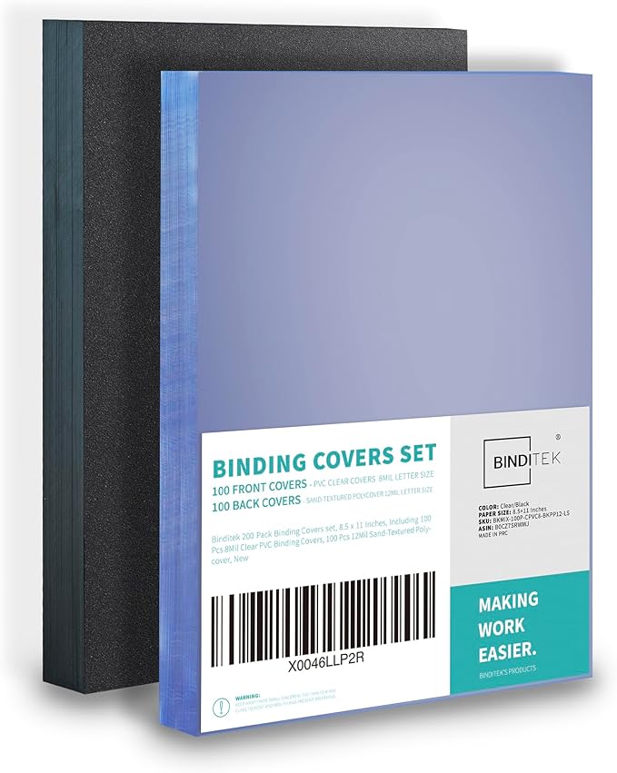 Binditek 200 Pack Binding Covers and Backs Set, 8.5 x 11 Inches, Including 100 Pcs 8 Mil Clear PVC Binding Covers, 100 Pcs 12 Mil Sand-Textured Polycovers, for Letter Size