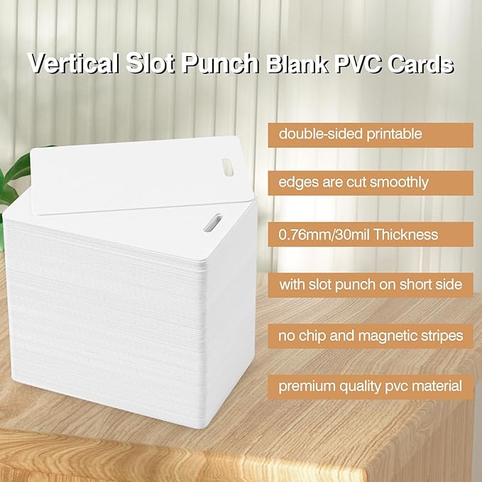 100 Pack Premium Blank PVC Cards with Slot Punch on Short Side - Vertical Slot Punch Blank ID Cards- CAETOUNG CR80 30 Mil Graphic Quality White Plastic Cards for Photo ID Badge Printers