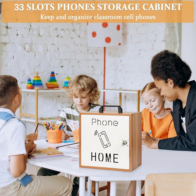 Cell Phone Holder Classroom 33 Slots Wooden Cell Phone Storage Cabinet Pocket Chart with Handle and Security Lock for Classroom Office (33 Grid Cabinet Cherry)