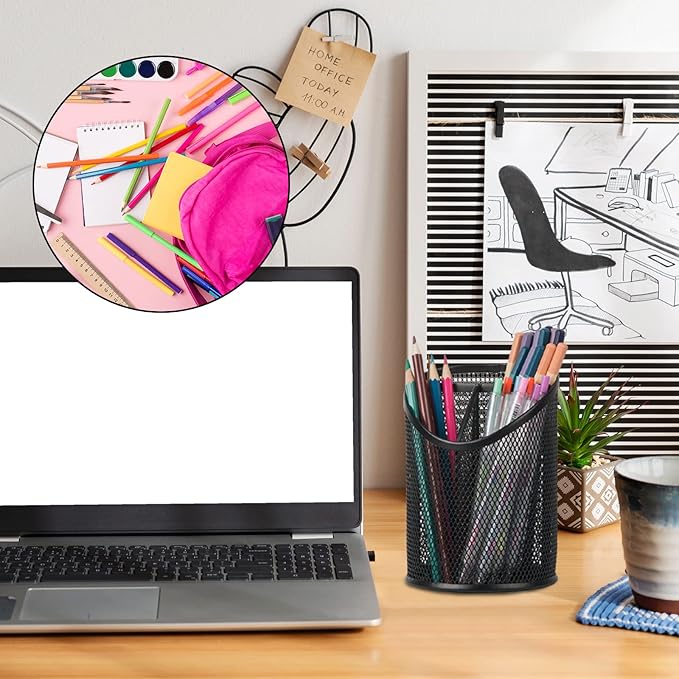 2 Pack Pen Holder Pen Organizer for Desk Mesh Round Pencil Holder Desktop Organizer 3 Compartments Pencil Organizer Desk Organizer for Office Home School, Black