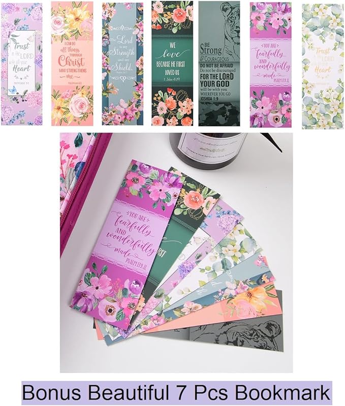 Bible Cover Case for Women with 7 Beautiful Paper Bookmarks Floral PU Leather Bible Cover Bag with Pockets and Zipper for Standard and Large Size Study Bible 10.8"x7.8"x2" (Dark Green)